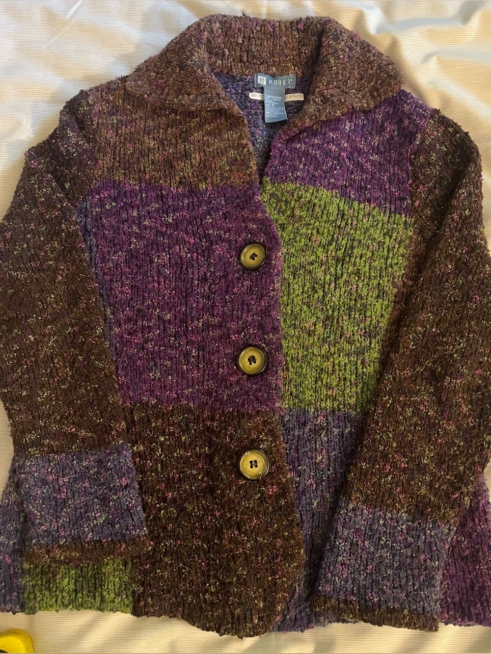 Koret Patchwork Knit Button Cardigan in Purple, Green & Brown Size S
